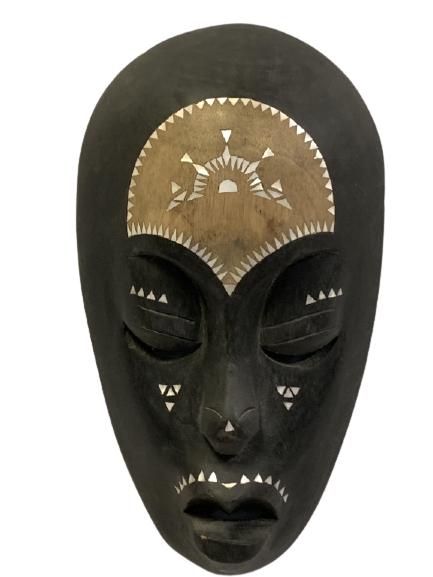 HAND CARVED MTHR OF PEARL INLAY TRIBAL MASK 12.5": HAND CARVED MTHR OF PEARL INLAY TRIBAL MASK-12.5" X 7"-POSSIBLY INDONESIAN-VERY GOOD CONDITION-Balinese masks have made possible the important mask performance rituals performed on the Indonesian isla