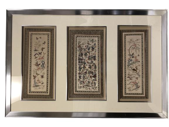 LARGE ASIAN INSPIRED FRAMED SILK TAPESTRY (3) 57" (1 of 10)