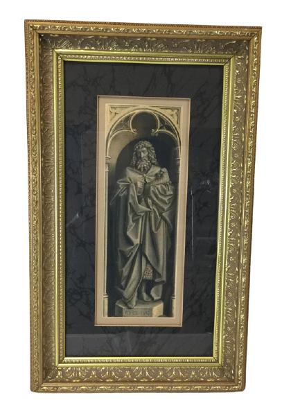 PRINT OF MEDIEVAL STATUE IOHES BAP 25.75"H: PRINT OF MEDIEVAL STATUE IOHES BAP 25.75"H - 15.75" LONG- BEAUTIFULLY MATTED- ORNATE GOLD FRAME