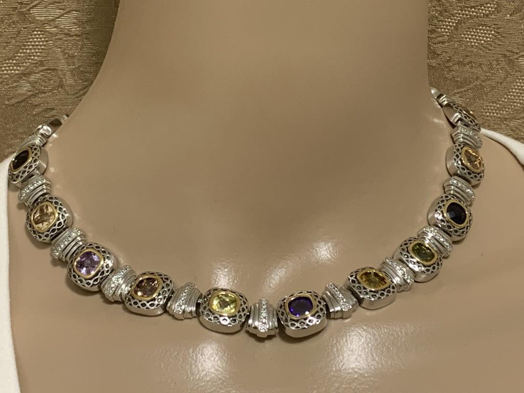 SILVER NECKLACE WITH MULTI-COLORED STONES: SILVER NECKLACE WITH MULTI-COLORED STONES - HAS SAFETY CATCH