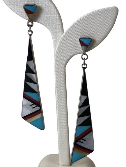 VINTAGE NAVAJO SILVER PIERCED DROP EARRINGS 3" (1 of 8)