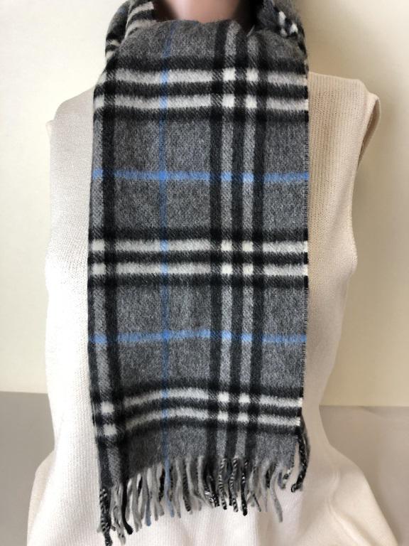 VTG BURBERRY 100% CASHMERE CLASSIC CHECK SCARF: VINTAGE BURBERRY 100% CASHMERE CLASSIC GREY BLACK WHITE BLUE PLAID CHECK SCARF -54" X 12" -VERY GOOD VINTAGE CONDITION