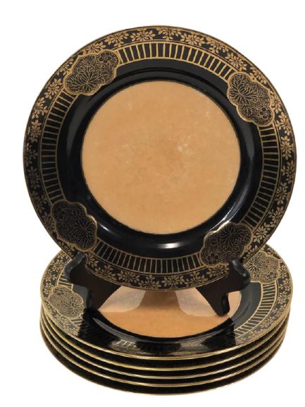 6 VINTAGE NORITAKE BLACK AND GOLD PLATES 8": 6 VINTAGE NORITAKE HAND PAINTED BLACK AND GOLD PLATES - 8" DIAMETER -NO CHIPS OR CRACKS