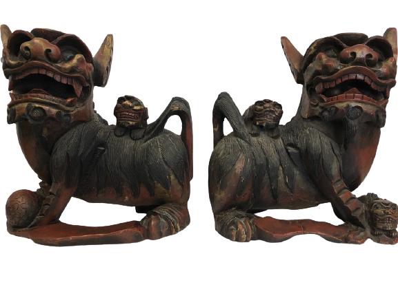 PAIR OF EARLY 1840 CARVED WOOD FOO DOGS 23": UNIQUE PAIR OF EARLY 1840 CARVED WOOD FOO DOGS HOME DECOR ASAIN MODERN -23" X 13" X 16" -VERY GOOD VINTAGE CONDITION CONSISTENT WITH AGE AND USE, ALL SPLITTING FROM AGE HAS BEEN REINFORCED ON THE BOTT