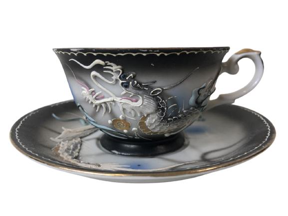VINTAGE ACRA CHINA DRAGON TEA CUP AND SAUCER: VINTAGE ACRA CHINA HAND PAINTED RAISED DESIGN PORCELAIN CHINA DRAGON TEA CUP AND SAUCER MID CENTURY - 2.5" X 5" APPROX -VERY GOOD CONDITION