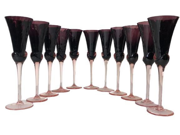 11 VINTAGE PLUM COLOR STEMWARE GLASSES: 11 VINTAGE PLUM COLOR SOPHISTACATED STEMWARE MARTINI, WINE, COCKTAIL GLASSES BARWARE 9" X 2.5" APPROX EACH -VERY GOOD CONDITION