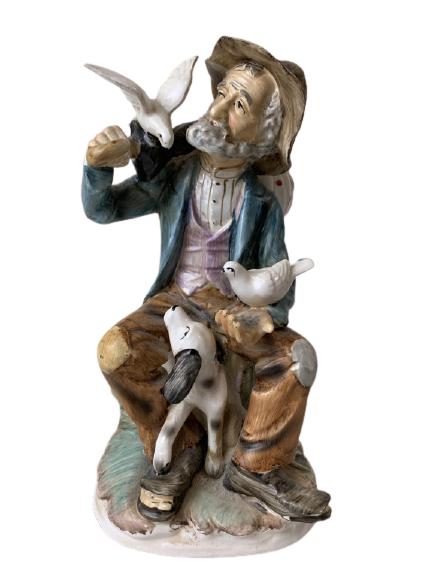 VTG OLD MAN W/ BIRDS & DOG PORCELAIN STATUE 8" (1 of 5)