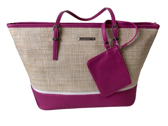 NINE WEST PINK/BEIGE CANVAS TOTE BAG: NINE WEST PINK/BEIGE CANVAS TOTE BAG -VERY GOOD CONDITION -COMES WITH WALLET -18.5" X 11" X 6" -3 INNER POCKETS