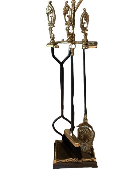 3 PIECE BLACK AND GOLD FIREPLACE UTENSILS: 3 PIECE BLACK AND GOLD FIREPLACE UTENSILS