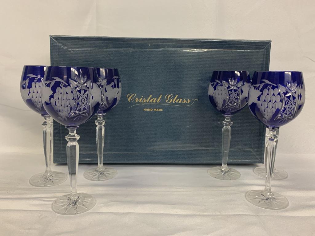 6 BLUE CRYSTAL CUT WINE GLASSES / STEMWARE BY CRI: 6 BLUE CRYSTAL CUT WINE GLASSES / STEMWARE BY CRISTAL -8.75" H -APPROX. 8-10 0Z. -NIB -ORIGINAL BOX -VERY GOOD CONDITION