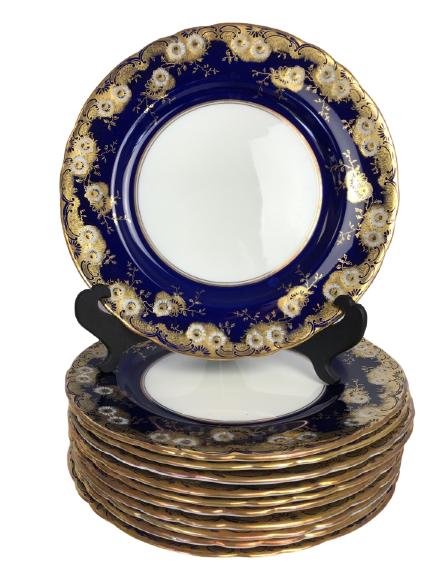 11 VTG AYNSLEY ENGLAND BLUE & GOLD PLATES 10.5" (1 of 3)