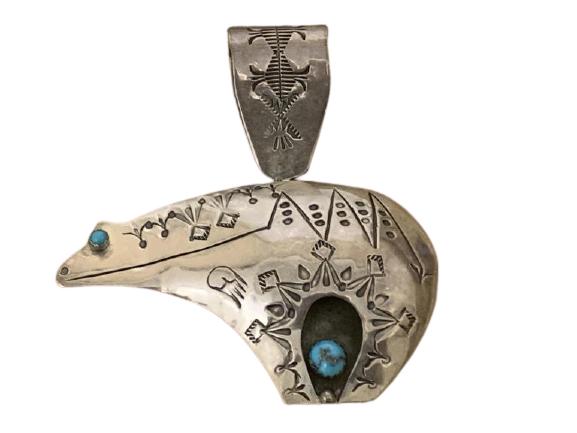 JASON LIVINGSTON STERLING/ TURQUOISE HEALING BEAR: STERLING SILVER TURQUOISE SPIRIT HEALING BEAR PENDANT -SIGNED J. 17.9g