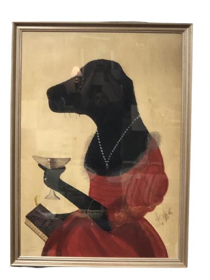 K. SPICHER FOLK ART DRESSED FEMALE DOG PRINT 48" (1 of 3)