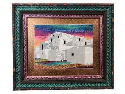 F. LARSEN "SHADOWS AT THE OLD PUEBLA" PAINTING 27": FRAN LARSEN "SHADOWS AT THE OLD PUEBLA" WATERCOLOR PAINTING IN PAINTED POLYCHROME FRAME WALL ART HOME DECOR -23.5" X 27" -VERY GOOD VINTAGE CONDITION