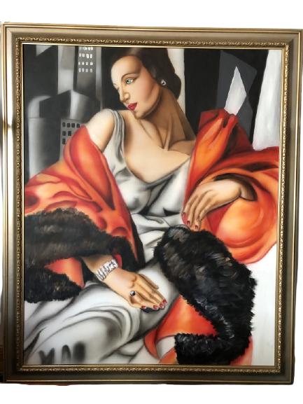 ART DECO HUGE TAMARA DE LEMPICKA MANNER OIL ON CAN: MONUMENTAL TAMARA DE LEMPICKA (MANNER OF) OIL ON CANVAS ART -ART DECO -68" X 56" Lovely Art Deco Tamara De Lempicka Oil on Canvas Art of a elegant lady lounging by the window. Tamara Lempicka was a Po