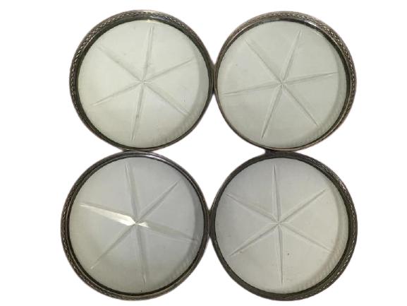 VTG STERLING SILVER AND GLASS COCKTAIL COASTERS 3": VTG STERLING SILVER AND GLASS COCKTAIL COASTERS -.5" X 3" DIAMETER117.7 GRAMS TOTAL WEIGHT -VERY GOOD CONDITION