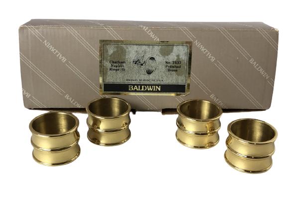 VTG POLISHED BRASS CHATHAM NAPKIN RINGS NIB 1": VTG POLISHED BRASS CHATHAM NAPKIN RINGS BY BALDWIN NO 7537 NIB (HOME KITCHEN HOLIDAY DINNER PARTY DECOR)-1" DIAMETER EACH-NEW IN BOX