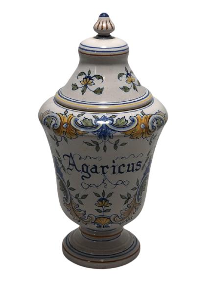 VTG AGARICUS ITALIAN MEDICAL TIMES CERAMIC JAR: VTG AGARICUS ITALIAN MEDICAL TIMES CERAMIC JAR APOTHECARY HOME DECOR HERBS