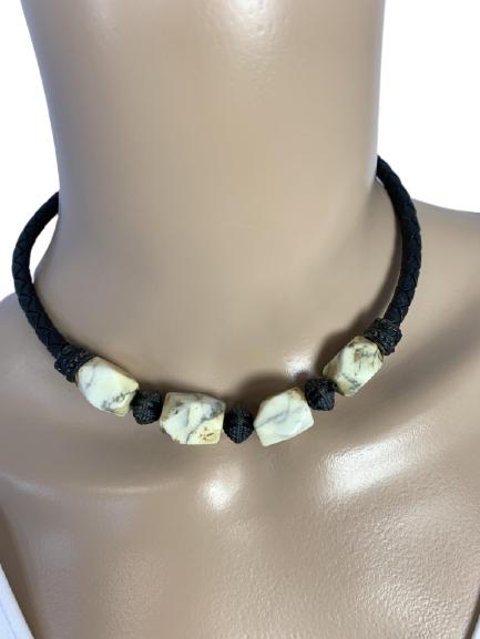 VINTAGE BRAIDED LEATHER & WHITE BEAD CHOKER (1 of 5)