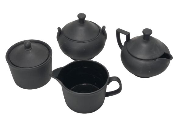 VTG ASIAN STYLE BLACK CERAMIC POTTERY TEA SET (1 of 6)