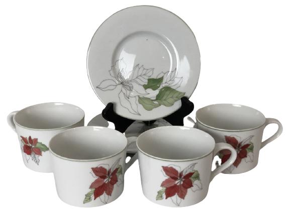 4 VTG BLACK SPOL POINSETTIA TEA CUP & SAUCER: 8 PIECE (SERVICE FOR 4) VINTAGE BLACK SPOL POINSETTIA TEA CUP AND SAUCER PLATE SET BY MARY LOU GOERTZEN SET INCLUDES -4 2.5" APPROX TEA COFFEE HOT BEVERAGE CUPS-4 6" SAUCER PLATE LINERS-VERY GOOD VINT