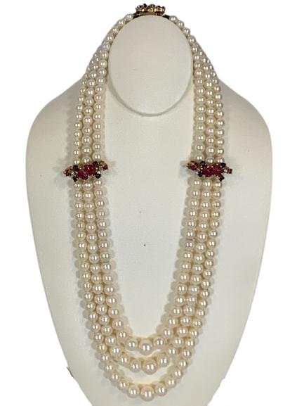 14 K ANTIQUE 3 STRAND PEARL NECKLACE W/ GEMS 14K ANTIQU (1 of 6)