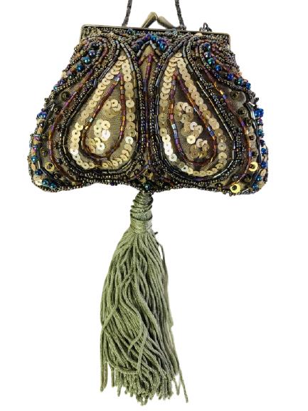 PRETTY TAFFETA BEADED SMALL PURSE WITH TASSEL (1 of 3)