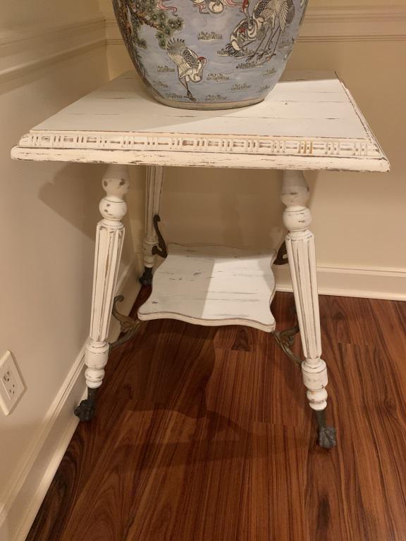 DISTRESSED 2 TIER WHITE TABLE W/ IRON CLAW & BALL (1 of 4)