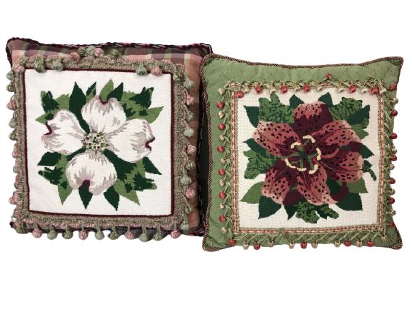 2 VTG FLORAL NEEDLE POINT PILLOWS 16" (1 of 6)
