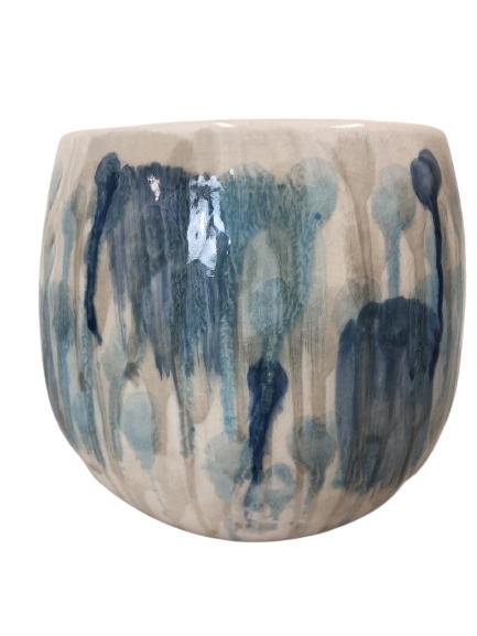 VTG DRIP GLAZE BLUE & WHITE CERAMIC PLANTER 8.5" (1 of 4)