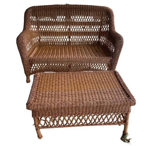 VINTAGE BROWN WICKER OUTDOOR LOVESEAT (1 of 2)