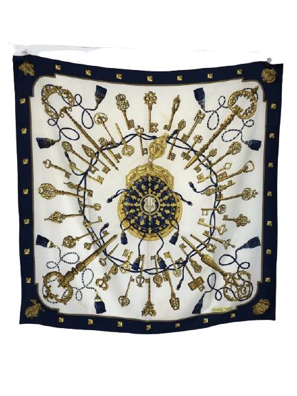 VINTAGE HERMES GOLD BLUE KEY SCARF 36" SQUARE (1 of 6)