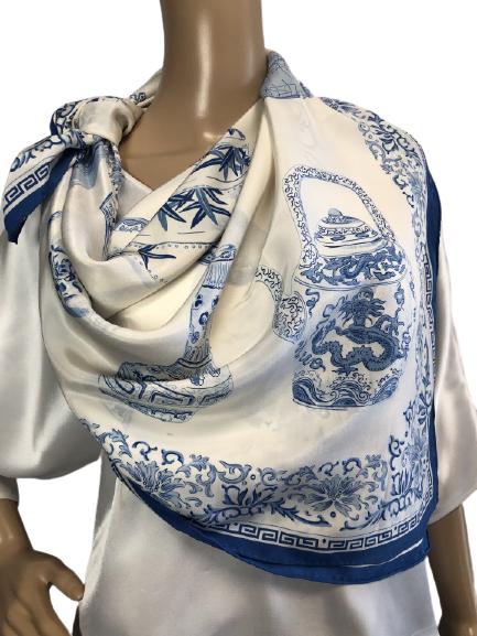 VINTAGE XAVIER BLUE WHITE CHINA SCARF 42" SQ.: VINTAGE XAVIER BLUE WHITE CHINA SCARF 42" SQ. -GORGEOUS PATTERN CONSISTING OF VINTAGE CHINA PIECES. MONOCHROMATIC IN SHADES OF BLUE. CLASSIC AND ELEGANT.-42" SQUARE-VERY GOOD CONDITION