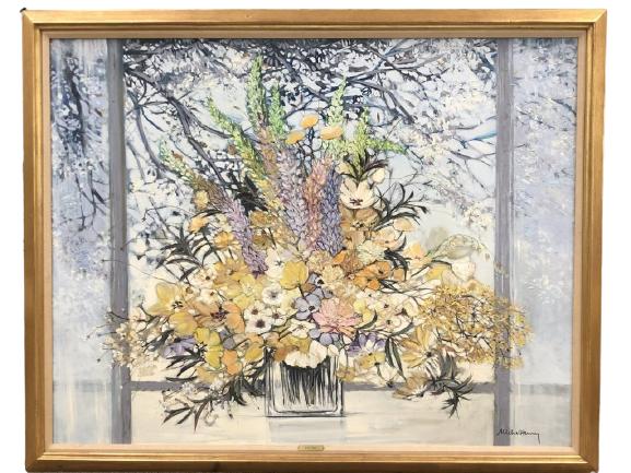 LARGE MICHEL HENRY FLOWERS OIL PAINTING 62.5" (1 of 8)