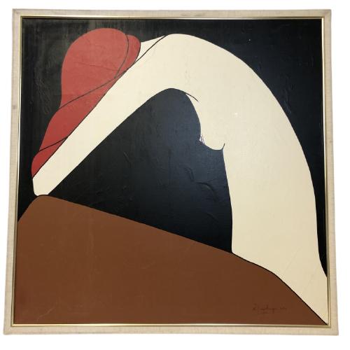 ANNETTE RAWLINGS POP ART OIL PAINTING OF NUDE 44": ANNETTE RAWLINGS POP ART OIL PAINTING OF NUDE COLOR BLOCK FIGURAL WALL ART HOME DECOR-44" X 44"-VERY GOOD VINTAGE CONDITION, SOME CRAZING TO CANVAS, WEAR TO FRAME-DP11182020