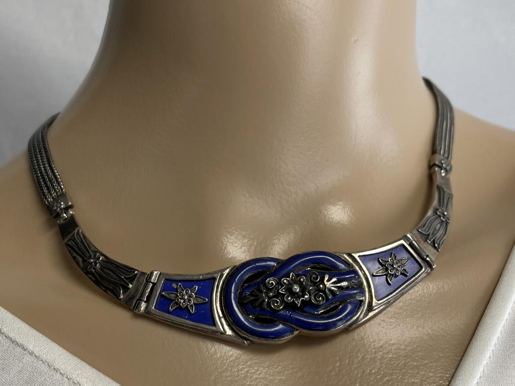 ANTIQUE STERLING BLUE ENAMEL DECO NECKLACE 17" (1 of 8)