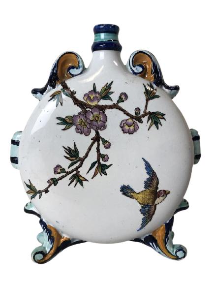 VINTAGE GIEN FRANCE FOOTED FLORAL BIRD VASE 7": VINTAGE HAND PAINTED GIEN FRANCE FOOTED LOTUS BLOSSOM FLORAL BIRD VASE-7" X 7" APPROX-VERY GOOD CONDITION