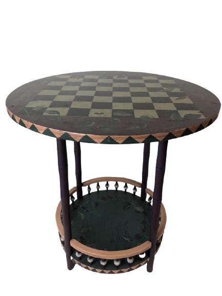 C.RUTHERFORD HAND PAINTED CHECKERBOARD VINE TABLE: CYNTHIA RUTHERFORD UNIQUE RUSTIC HAND PAINTED CHECKERBOARD VINE 2 TIER SIDE/ ACCENT TABLE-26" X 26" DIAMETER-VERY GOOD CONDITION CONSISTENT WITH AGE AND USE