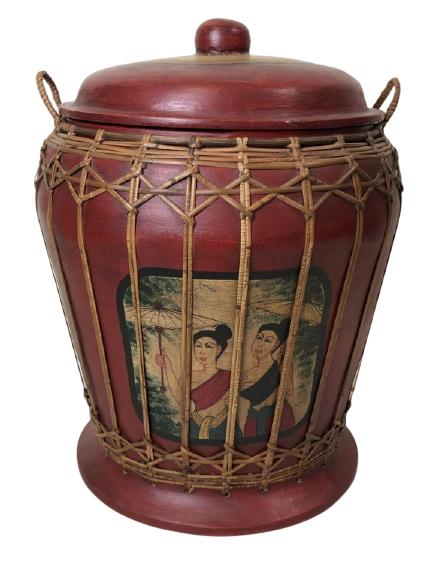 VTG ASIAN STYLE MAROON RED & TAN RICE BASKET 19.5" (1 of 9)