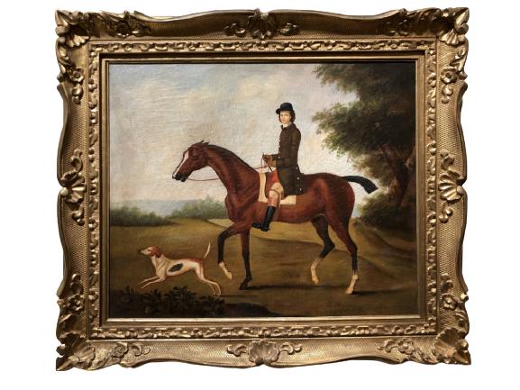 ANTIQUE HUNTING HORSE & DOG PAINTING FRAMED 32" (1 of 6)