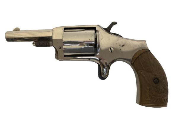 ANTIQUE "DEFENDER" GUN NICKEL FINISH 32 CAL.: ANTIQUE "DEFENDER" REVOLVER PISTOL GUN -LATE 19THH CENTURY-CLOSE FRAME WELL MARKED "DEFENDER"-NICKLE FISHED, MEXICAN TRIGGER 5- SHOT CYLINDER-32 CALIBER-2 1/2" OCTAGON BARREL-NICE HARD RUBBER GRIPS DE