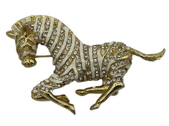 VINTAGE HATTIE CARNEGIE GOLD ZEBRA BROOCH: VINTAGE HATTIE CARNEGIE GOLD ZEBRA BROOCH - BEAUTIFUL GOLD WHITE ENAMEL AND RHINESTONE ZEBRA BY HATTIE CARNEGIE.-2.5" X 1.5"-GOOD VINTAGE CONDITION-TK113020
