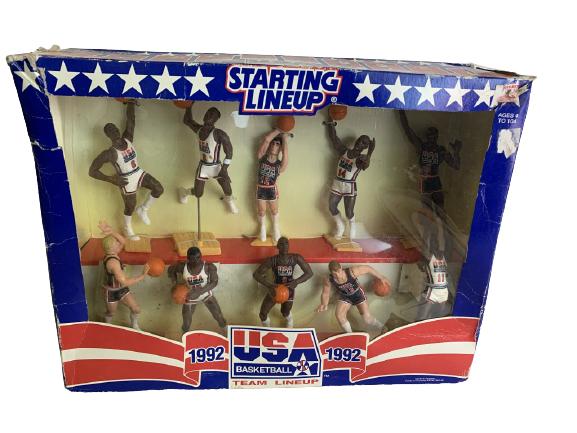 STARTING LINEUP USA BASKETBALL TEAM SET IN BOX: 1992 KENNER STARTING LINEUP USA OLYMPIC BASKETBALL TEAM SET IN BOX INCLUDING MICHAEL JORDAN CHARLES BARKLEY KARL MALONE DAVID ROBINSON JOHN STOCKTON AND CHRIS MULLIN