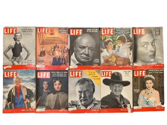 10 1950'S LIFE MAGAZINES ASSORTED EDITIONS: LOT OF 10 1950'S MID CENTURY VTG LIFE MAGAZINES PERIODICAL PUBLICATION INCLUDING VICKI DOUGAN, A NSEASON AT ST. MORITZ, THE CORONATION OF THE POPE, WINSTON CHURCHILL AND THE COLD WAR, SHIRLEY TEMPLE A
