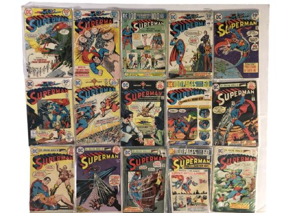 15 VINTAGE DC SUPERMAN COMICS ASSORTED EDITIONS: 15 VINTAGE DC SUPERMAN COMICS ASSORTED EDITIONS ALL KEPT IN PLASTIC SLEEVES VARIOUS CONDITIONS CLARK KENT KRYPTONITE POP CULTURE 1950'S 1960'S 1970'S MID CENTURY -GOOD VINTAGE CONDITION SEE PHOTOS, WE