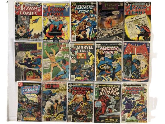 15 DC MARVEL ASSORTED COMICS ASSORTED EDITIONS: 15 VINTAGE DCMARVEL COLLECTIBLE COMICS INCLUDING SILVER SURFER JUSTICE LEAGUE BATMAN FANTASTIC FOUR AND LOIS LANE. ASSORTED EDITIONS ALL KEPT IN PLASTIC SLEEVES VARIOUS CONDITIONS CLARK KENT KRYPTONIT