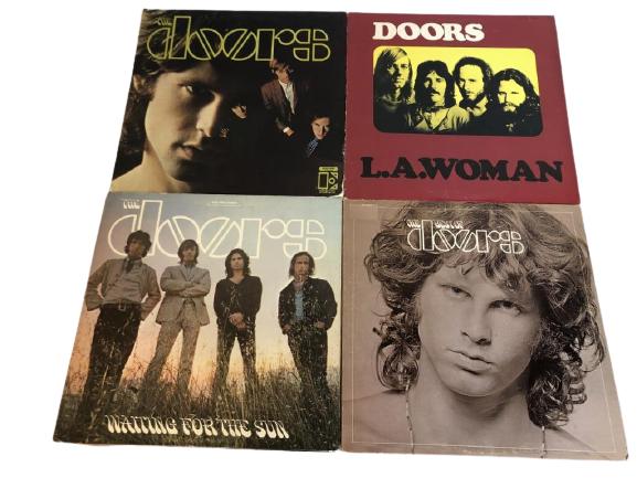 THE DOORS VINTAGE VINYL RECORD ALBUMS (4): THE DOORS VINTAGE RECORD ALBUMS (4) L.A. WOMAN WAITING FOR THE SUN BREAK ON THROUGH 1960'S 70'S MUSIC WOODSTOCK ERA MUSIC WALL ART HOME DECOR -GOOD VINTAGE CONDITION, SOME WEAR TO COVERS -DP121120