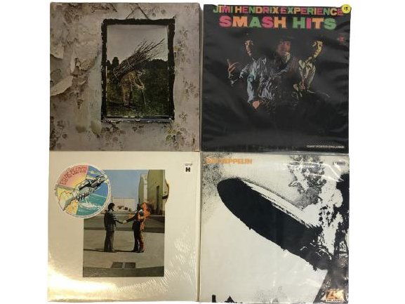 4 VINTAGE 60'S VINYL RECORD ALBUMS: 4 VINTAGE 60'S VINYL RECORD ALBUMS INCLUDING LED ZEPPELIN, JIMI HENDRIX, AND PINK FLOYD 1960'S 70'S MUSIC WOODSTOCK ERA MUSIC WALL ART HOME DECOR -GOOD VINTAGE CONDITION, SOME WEAR TO COVERS -DP121120