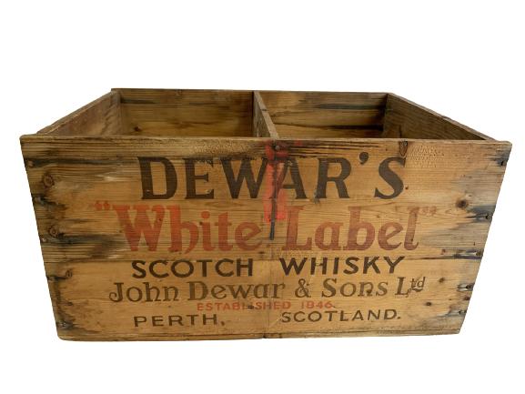 VTG DEWARS SCOTCH WHISKY WOOD CRATE 17": VTG DEWARS SCOTCH WHISKY WOOD CRATE POST PROHIBITION SPIRITS ALCOHOL BAR RESTAURANT HOME DECOR INDUSTRIAL FARMHOUSE CHIC COCKTAIL CULTURE -8.5" X 17" X 12" APPROX -CONDITION CONSISTENT WITH AGE AND US
