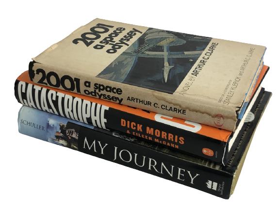 3 VINTAGE HARDCOVER BOOKS: 3 VINTAGE HARDCOVER BOOKS INCLUDING ROBERT SCHULLER DICK MORRIS CATASTROPHE AND 2001 SPACE ODYSSEY HOME LIBRARY OFFICE DECOR -9" X 6" APPROX -VERY GOOD VINTAGE CONDITION CONSISTENT WITH AGE AND USE -D